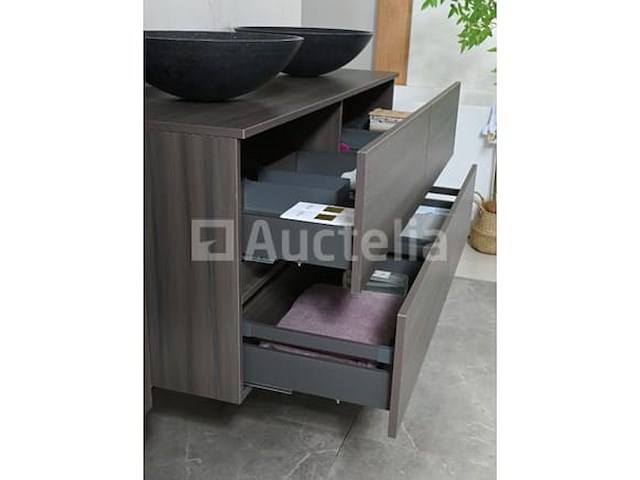 Badkamermeubel 130 cm - donker hout decor + zwarte waskommen - incl. muurkranen - afbeelding 10 van  12