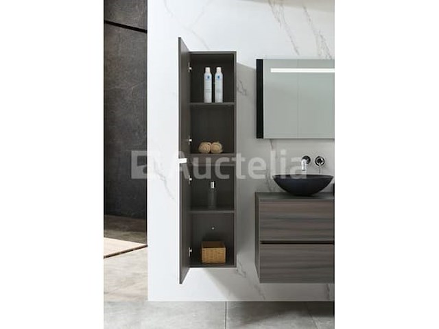 Badkamermeubel 130 cm - donker hout decor + zwarte waskommen - incl. muurkranen - afbeelding 11 van  12