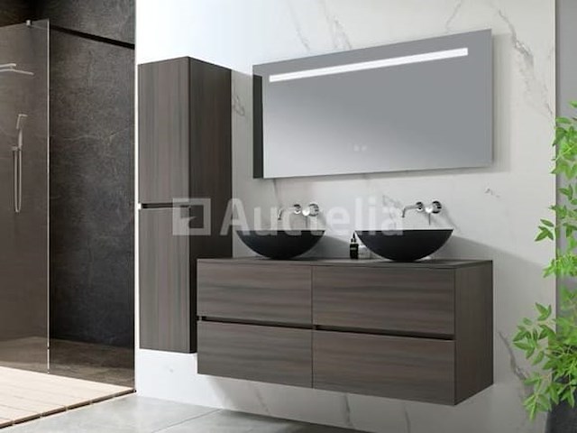 Badkamermeubel 130 cm - donker hout decor + zwarte waskommen - incl. muurkranen - afbeelding 12 van  12