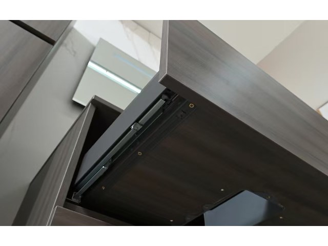 Badkamermeubel 130 cm - donker hout decor + zwarte waskommen - incl. muurkranen - afbeelding 2 van  12