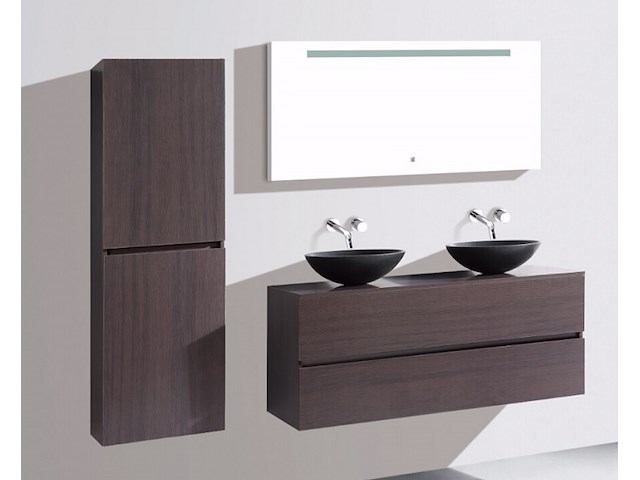 Badkamermeubel 130 cm - donker hout decor + zwarte waskommen - incl. muurkranen - afbeelding 6 van  12