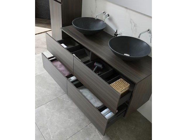 Badkamermeubel 130 cm - donker hout decor + zwarte waskommen - incl. muurkranen - afbeelding 9 van  12