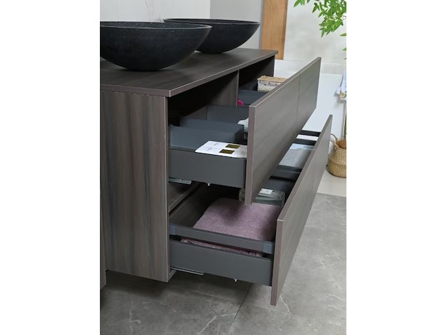 Badkamermeubel 130 cm - donker hout decor + zwarte waskommen - incl. muurkranen - afbeelding 10 van  12