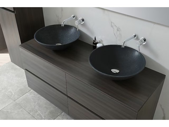Badkamermeubel 130 cm - donker hout decor + zwarte waskommen - incl. muurkranen - afbeelding 11 van  12