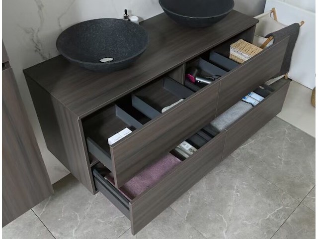 Badkamermeubel 130 cm - donker hout decor + zwarte waskommen - incl. muurkranen - afbeelding 2 van  12