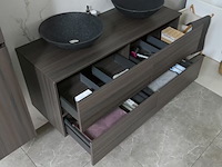 Badkamermeubel 130 cm - donker hout decor + zwarte waskommen - incl. muurkranen - afbeelding 2 van  12