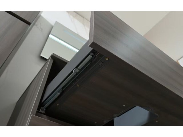 Badkamermeubel 130 cm - donker hout decor + zwarte waskommen - incl. muurkranen - afbeelding 3 van  12