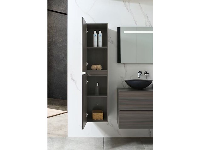 Badkamermeubel 130 cm - donker hout decor + zwarte waskommen - incl. muurkranen - afbeelding 4 van  12