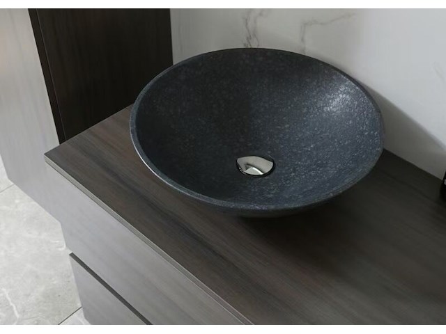 Badkamermeubel 130 cm - donker hout decor + zwarte waskommen - incl. muurkranen - afbeelding 5 van  12