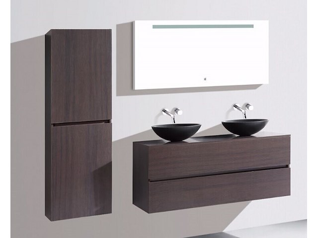 Badkamermeubel 130 cm - donker hout decor + zwarte waskommen - incl. muurkranen - afbeelding 6 van  12