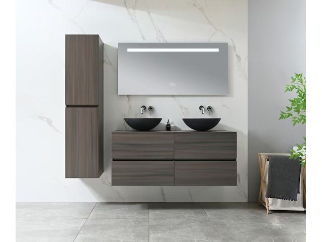 Badkamermeubel 130 cm - donker hout decor + zwarte waskommen - incl. muurkranen - afbeelding 7 van  12