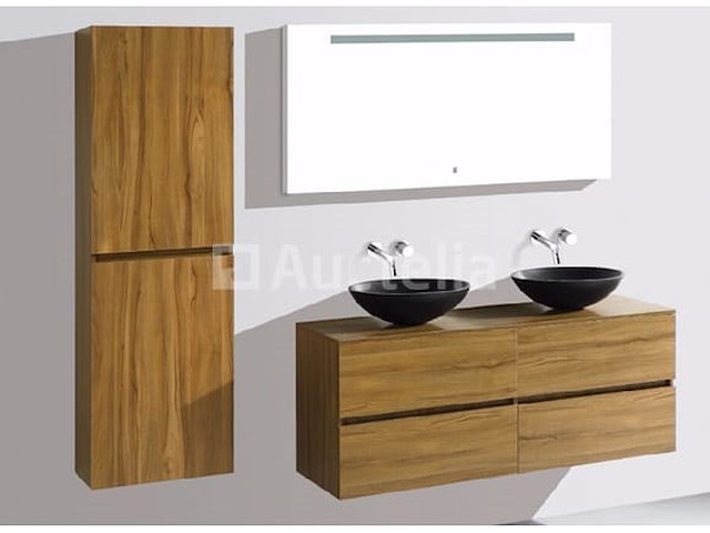 Badkamermeubel 130 cm - licht hout decor + zwarte waskommen - incl. muurkranen - afbeelding 4 van  11