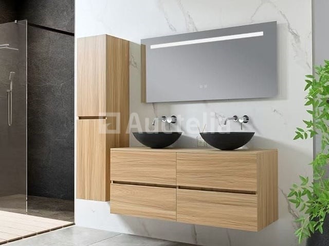 Badkamermeubel 130 cm - licht hout decor + zwarte waskommen - incl. muurkranen - afbeelding 2 van  11