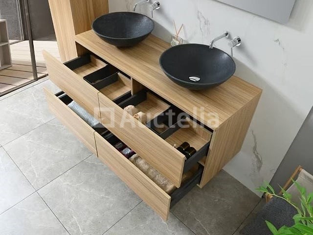 Badkamermeubel 130 cm - licht hout decor + zwarte waskommen - incl. muurkranen - afbeelding 4 van  11