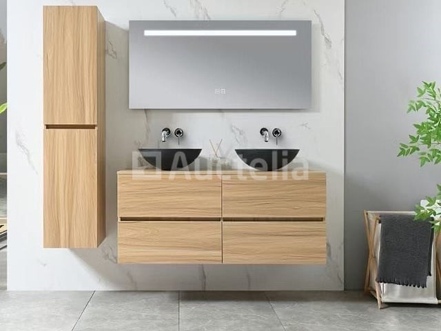 Badkamermeubel 130 cm - licht hout decor + zwarte waskommen - incl. muurkranen - afbeelding 6 van  11