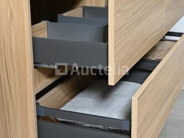 Badkamermeubel 130 cm - licht hout decor + zwarte waskommen - incl. muurkranen - afbeelding 10 van  11