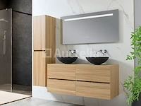 Badkamermeubel 130 cm - licht hout decor + zwarte waskommen - incl. muurkranen