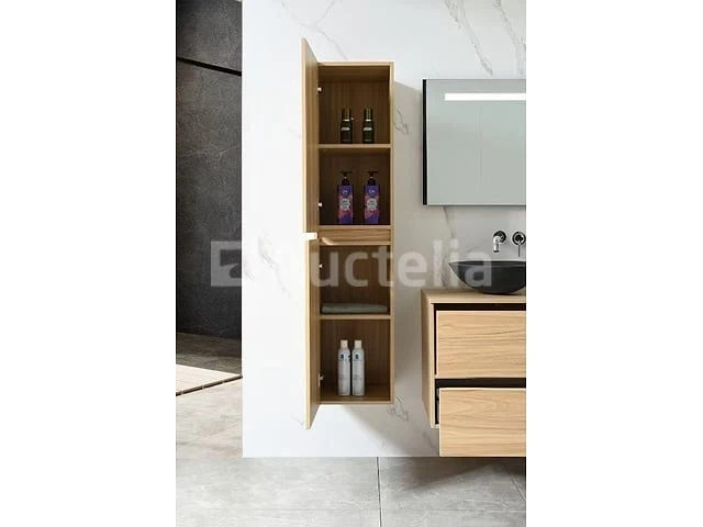 Badkamermeubel 130 cm - licht hout decor + zwarte waskommen - incl. muurkranen - afbeelding 4 van  11