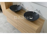 Badkamermeubel 130 cm - licht hout decor + zwarte waskommen - incl. muurkranen - afbeelding 8 van  11
