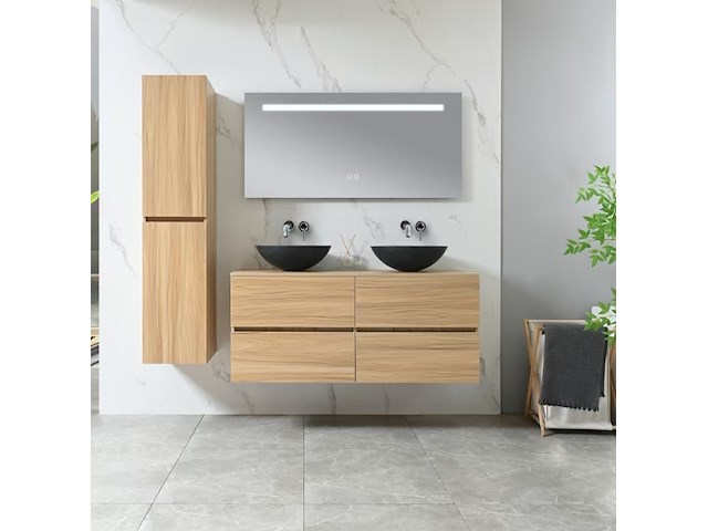 Badkamermeubel 130 cm - licht hout decor + zwarte waskommen - incl. muurkranen - afbeelding 1 van  11