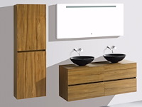 Badkamermeubel 130 cm - licht hout decor + zwarte waskommen - incl. muurkranen - afbeelding 4 van  11