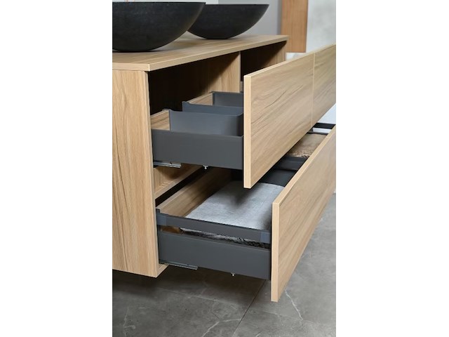 Badkamermeubel 130 cm - licht hout decor + zwarte waskommen - incl. muurkranen - afbeelding 8 van  11