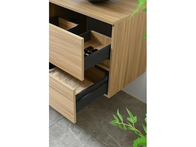 Badkamermeubel 130 cm - licht hout decor + zwarte waskommen - incl. muurkranen - afbeelding 11 van  11