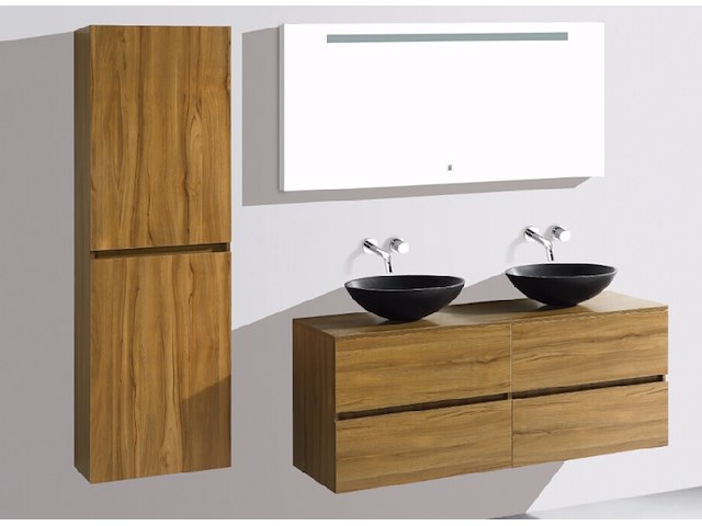 Badkamermeubel 130 cm - licht hout decor + zwarte waskommen - incl. muurkranen - afbeelding 5 van  11