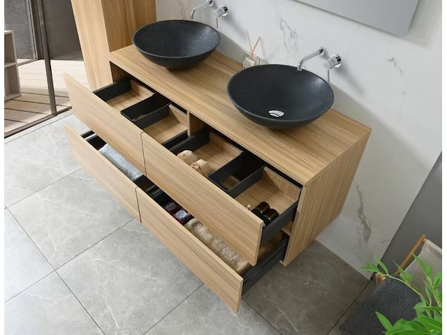 Badkamermeubel 130 cm - licht hout decor + zwarte waskommen - incl. muurkranen - afbeelding 7 van  11