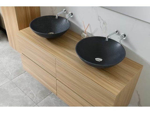 Badkamermeubel 130 cm - licht hout decor + zwarte waskommen - incl. muurkranen - afbeelding 8 van  11