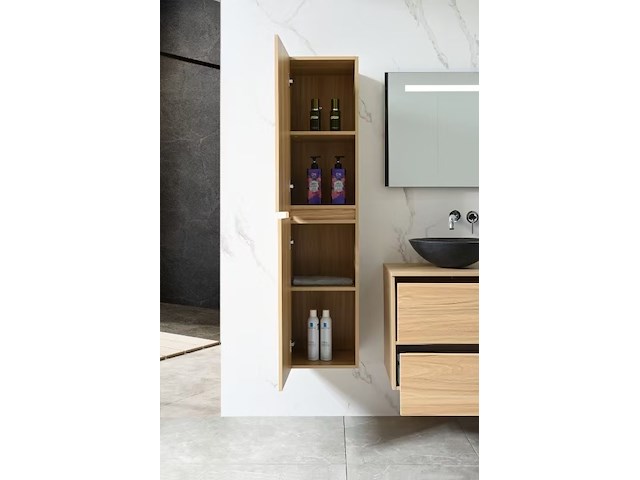 Badkamermeubel 130 cm - licht hout decor + zwarte waskommen - incl. muurkranen - afbeelding 10 van  11
