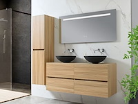 Badkamermeubel 130 cm - licht hout decor + zwarte waskommen - incl. muurkranen