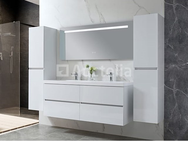 Badkamermeubel 145 cm - hoogglans wit + witte dubbele wasbak - incl. kranen - afbeelding 1 van  9