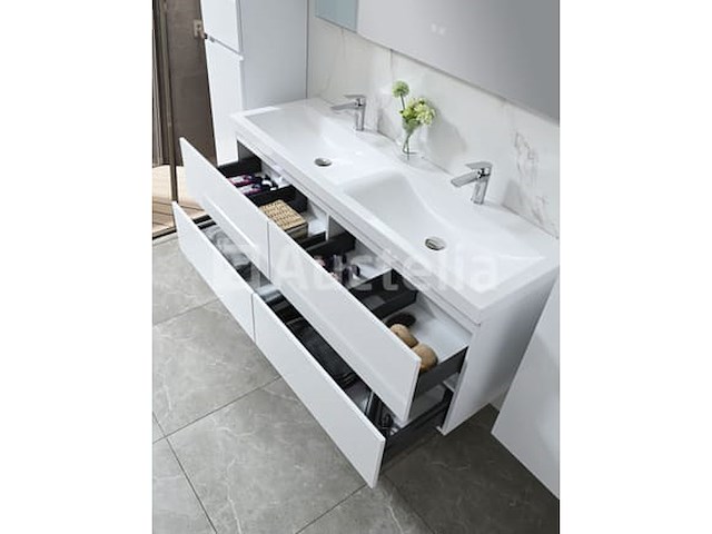 Badkamermeubel 145 cm - hoogglans wit + witte dubbele wasbak - incl. kranen - afbeelding 2 van  9