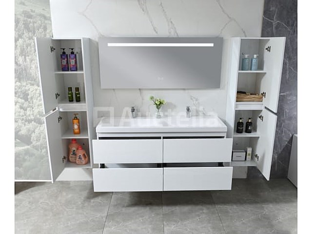 Badkamermeubel 145 cm - hoogglans wit + witte dubbele wasbak - incl. kranen - afbeelding 6 van  9