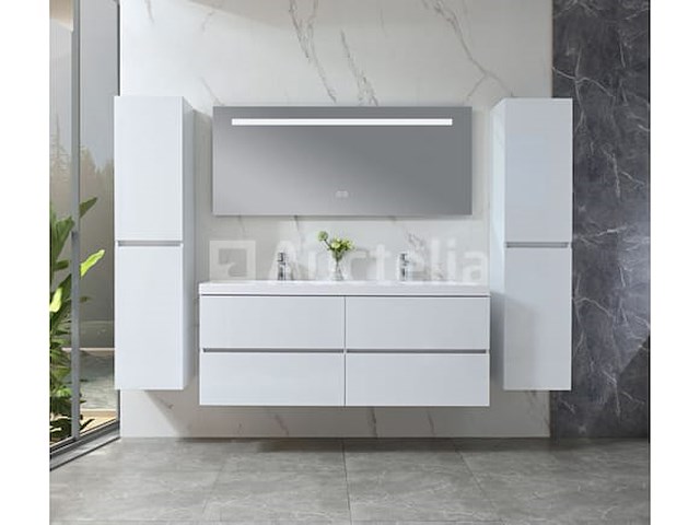 Badkamermeubel 145 cm - hoogglans wit + witte dubbele wasbak - incl. kranen - afbeelding 9 van  9