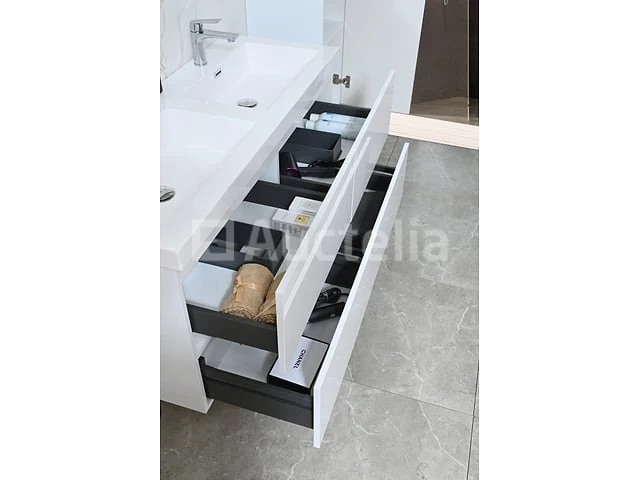 Badkamermeubel 145 cm - hoogglans wit + witte dubbele wasbak - incl. kranen - afbeelding 5 van  9