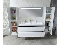 Badkamermeubel 145 cm - hoogglans wit + witte dubbele wasbak - incl. kranen - afbeelding 6 van  9