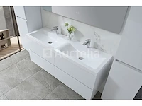 Badkamermeubel 145 cm - hoogglans wit + witte dubbele wasbak - incl. kranen - afbeelding 8 van  9
