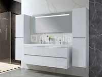 Badkamermeubel 145 cm - hoogglans wit + witte dubbele wasbak - incl. kranen - afbeelding 2 van  9