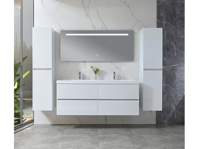 Badkamermeubel 145 cm - hoogglans wit + witte dubbele wasbak - incl. kranen - afbeelding 1 van  9
