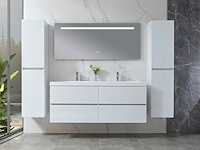 Badkamermeubel 145 cm - hoogglans wit + witte dubbele wasbak - incl. kranen - afbeelding 1 van  9