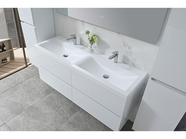 Badkamermeubel 145 cm - hoogglans wit + witte dubbele wasbak - incl. kranen - afbeelding 2 van  9