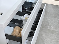 Badkamermeubel 145 cm - hoogglans wit + witte dubbele wasbak - incl. kranen - afbeelding 5 van  9