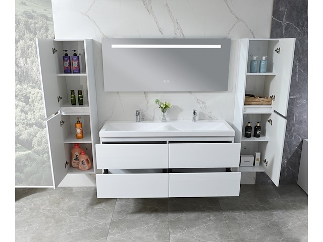 Badkamermeubel 145 cm - hoogglans wit + witte dubbele wasbak - incl. kranen - afbeelding 7 van  9