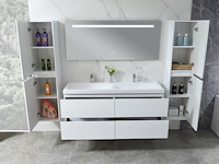Badkamermeubel 145 cm - hoogglans wit + witte dubbele wasbak - incl. kranen - afbeelding 7 van  9