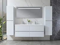 Badkamermeubel 145 cm - hoogglans wit + witte dubbele wasbak - incl. kranen - afbeelding 2 van  9