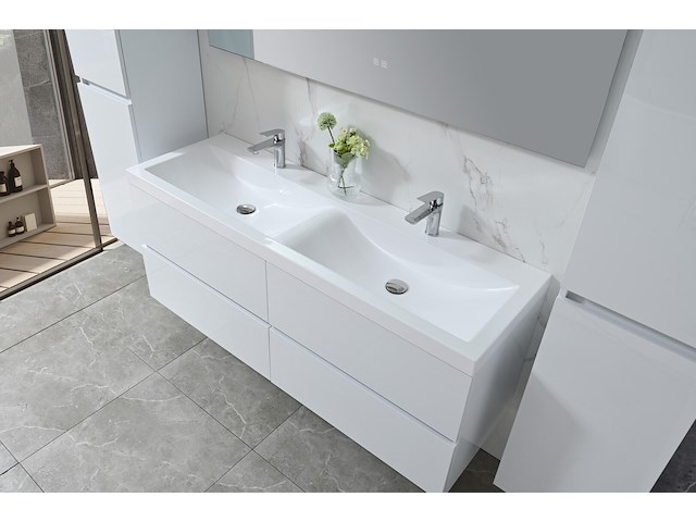 Badkamermeubel 145 cm - hoogglans wit + witte dubbele wasbak - incl. kranen - afbeelding 3 van  9