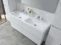 Badkamermeubel 145 cm - hoogglans wit + witte dubbele wasbak - incl. kranen - afbeelding 3 van  9
