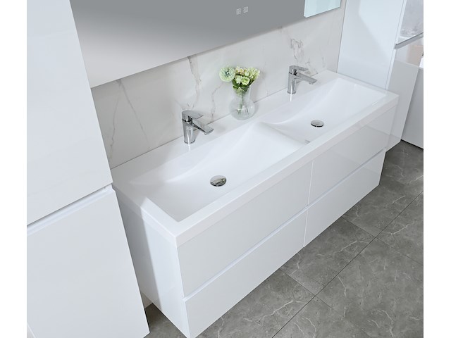 Badkamermeubel 145 cm - hoogglans wit + witte dubbele wasbak - incl. kranen - afbeelding 5 van  9